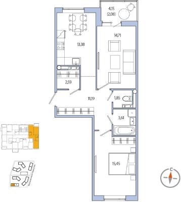 Планировка двухкомнатной квартиры в ЖК "Янила Кантри Клаб"