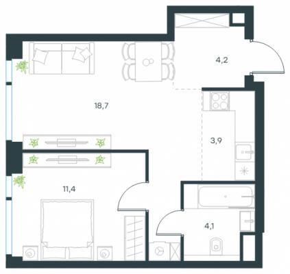 Планировка двухкомнатной квартиры в ЖК "Level Мичуринский"