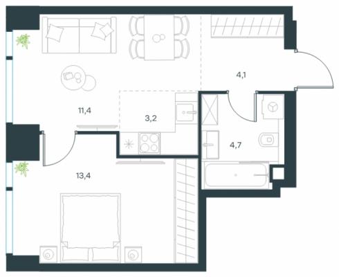Планировка двухкомнатной квартиры в ЖК "Level Мичуринский"
