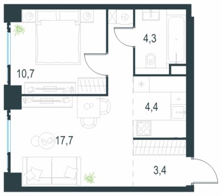 Планировка двухкомнатной квартиры в ЖК "Level Мичуринский"