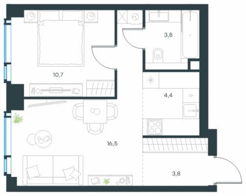 Планировка двухкомнатной квартиры в ЖК "Level Мичуринский"