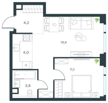 Планировка двухкомнатной квартиры в ЖК "Level Мичуринский"