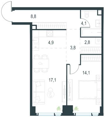 Планировка двухкомнатной квартиры в ЖК "Level Мичуринский"