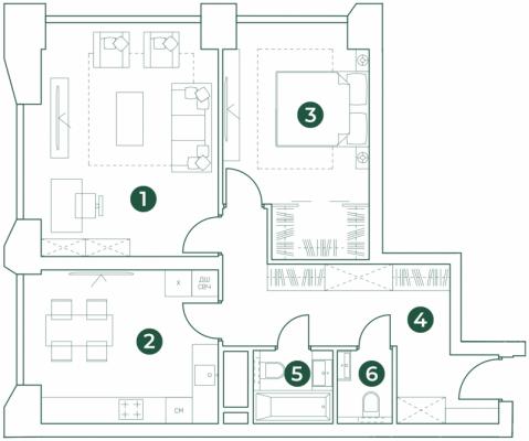 Планировка двухкомнатной квартиры в ЖК "Эко-квартал VERY"