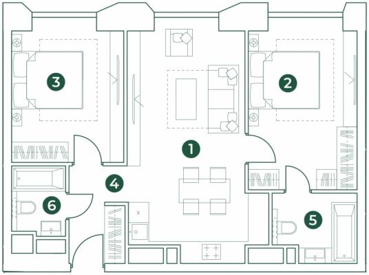 Планировка трехкомнатной квартиры в ЖК "Эко-квартал VERY"
