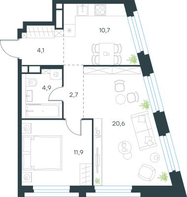 Планировка двухкомнатной квартиры в ЖК "Level Нагатинская"