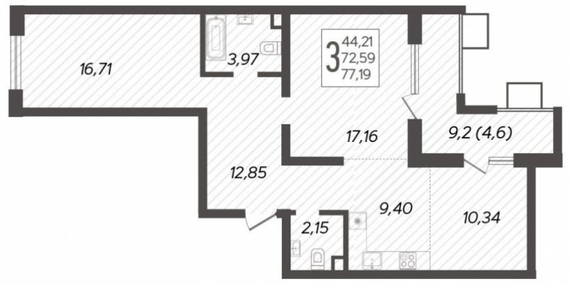 Планировка трехкомнатной квартиры в ЖК "Novella"