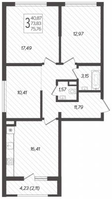 Планировка трехкомнатной квартиры в ЖК "Novella"