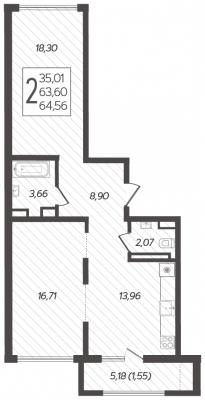 Планировка двухкомнатной квартиры в ЖК "Novella"
