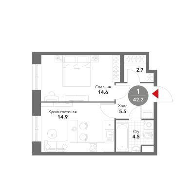 Планировка однокомнатной квартиры в ЖК "VOXHALL"