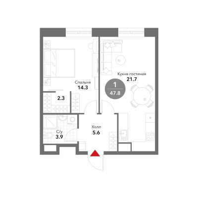 Планировка однокомнатной квартиры в ЖК "VOXHALL"