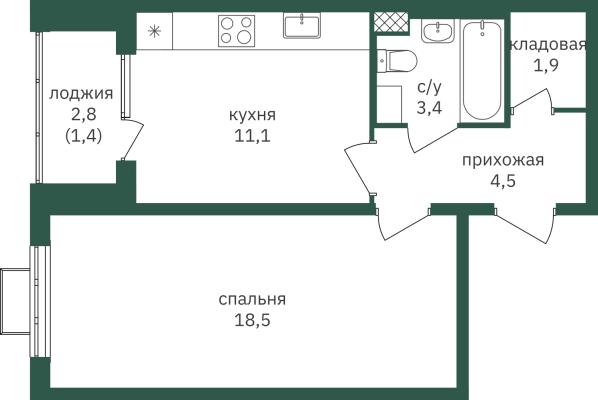 Планировка однокомнатной квартиры в ЖК "Зеленая Вертикаль"