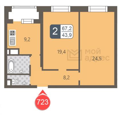 Планировка двухкомнатной квартиры в ЖК "мой адрес На Береговом"