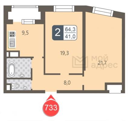 Планировка двухкомнатной квартиры в ЖК "мой адрес На Береговом"