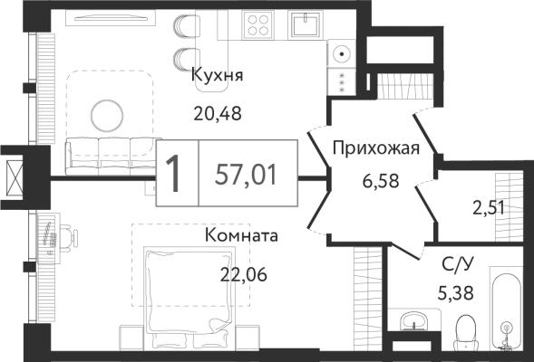 Планировка однокомнатной квартиры в ЖК "Dream Towers"