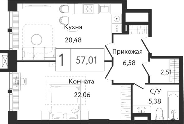 Планировка однокомнатной квартиры в ЖК "Dream Towers"