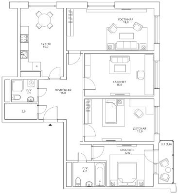 Планировка четырехкомнатной квартиры в ЖК "Авиатика"