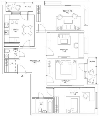 Планировка четырехкомнатной квартиры в ЖК "Авиатика"