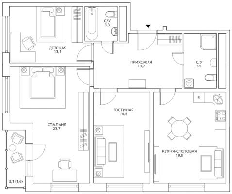 Планировка трехкомнатной квартиры в ЖК "Авиатика"
