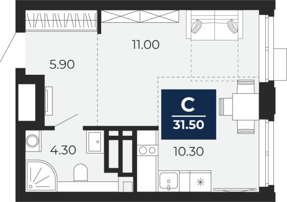 Планировка квартиры студии в ЖК "Айвазовский City"