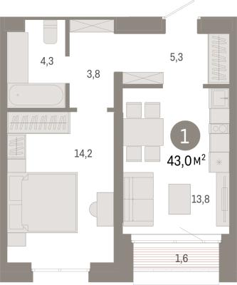 Планировка однокомнатной квартиры в Жилой район "Южные кварталы"