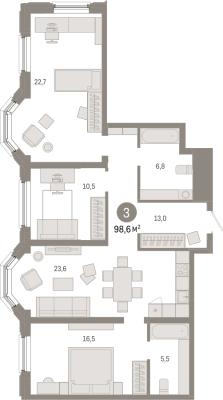 Планировка трехкомнатной квартиры в Квартал "На Некрасова"