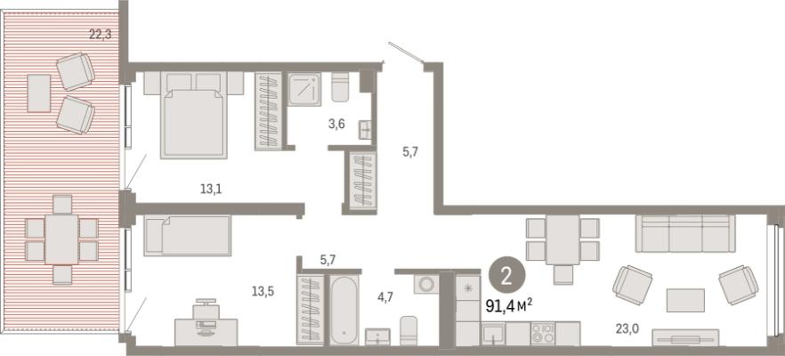 Планировка двухкомнатной квартиры в Жилой район "Шишимская горка"