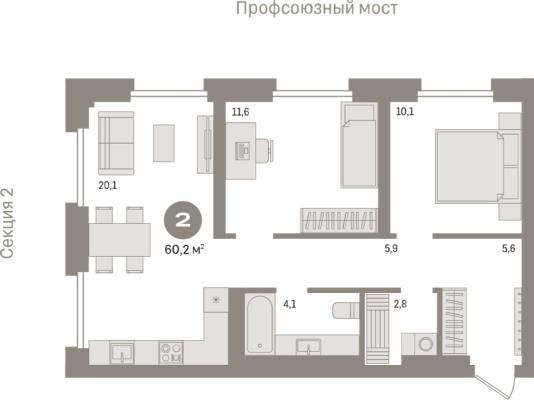 Планировка двухкомнатной квартиры в ЖК "Речной порт"