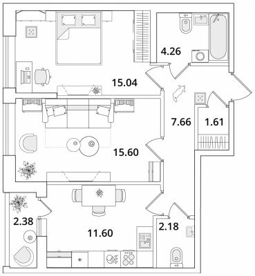 Планировка двухкомнатной квартиры в ЖК "CUBE"