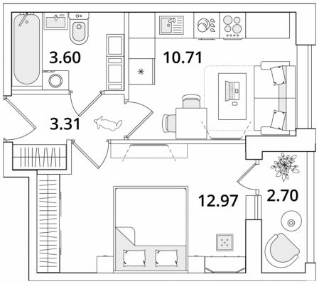 Планировка однокомнатной квартиры в ЖК "CUBE"