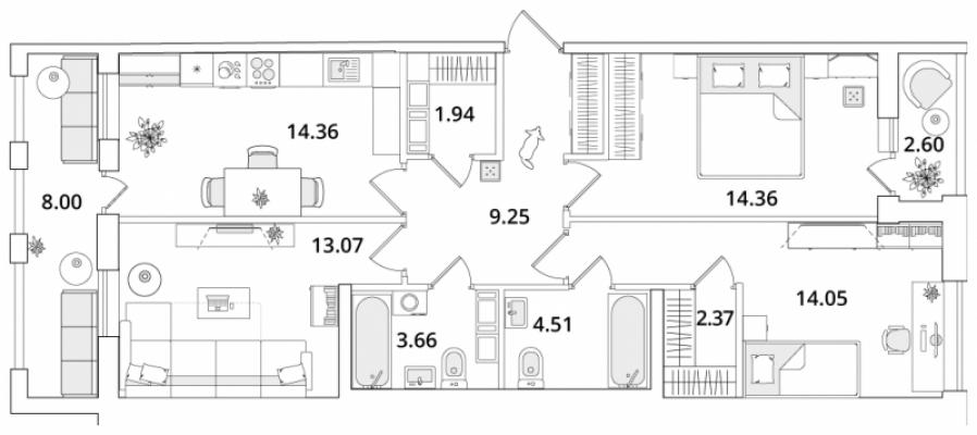 Планировка трехкомнатной квартиры в ЖК "CUBE"