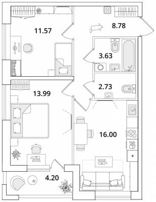 Планировка двухкомнатной квартиры в ЖК "CUBE"