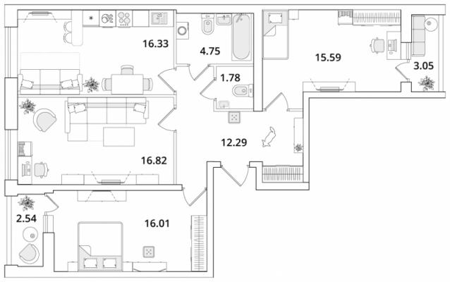Планировка трехкомнатной квартиры в ЖК "CUBE"
