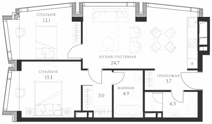 Планировка двухкомнатной квартиры в ЖК "AHEAD"