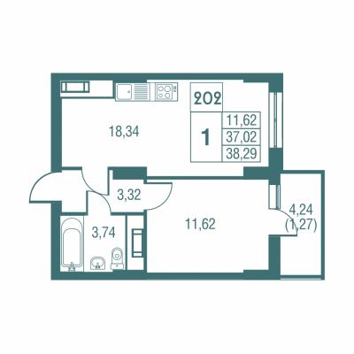 Планировка однокомнатной квартиры в ЖК "Жилой микрорайон Одинбург"