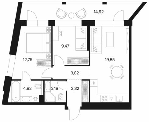 Планировка двухкомнатной квартиры в ЖК "FØRST"