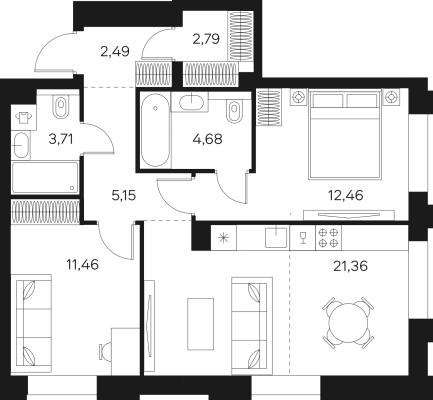 Планировка двухкомнатной квартиры в ЖК "FØRST"
