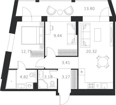 Планировка двухкомнатной квартиры в ЖК "FØRST"