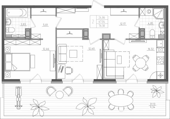 Планировка двухкомнатной квартиры в ЖК "Дом на Прилукской"