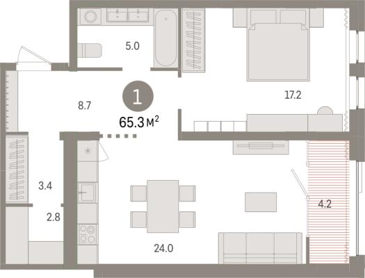 Планировка однокомнатной квартиры в ЖК "Новин"