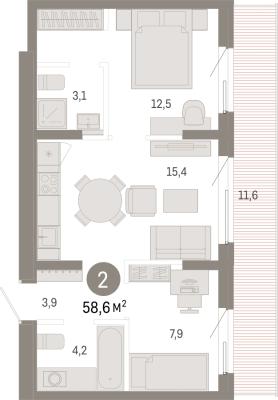 Планировка двухкомнатной квартиры в Кварталы Драверта