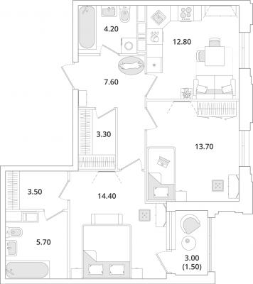 Планировка двухкомнатной квартиры в ЖК "Тайм Сквер"