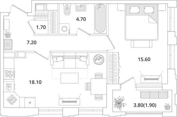 Планировка однокомнатной квартиры в ЖК "Тайм Сквер"