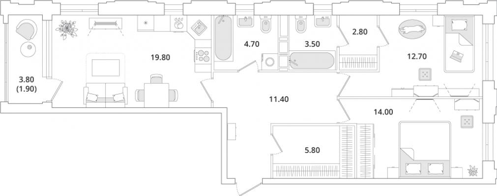 Планировка двухкомнатной квартиры в ЖК "Тайм Сквер"
