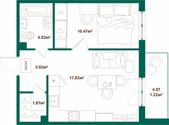 Планировка однокомнатной квартиры в ЖК "ЛесART"