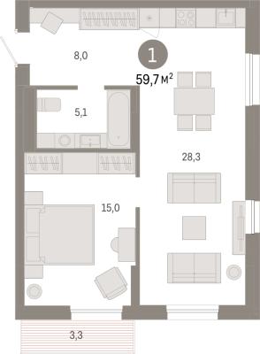 Планировка однокомнатной квартиры в ЖК "Республики 205"