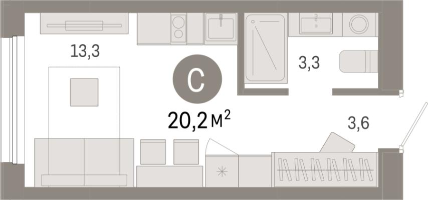 Планировка квартиры студии в ЖК "Республики 205"