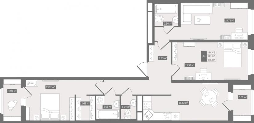 Планировка трехкомнатной квартиры в ЖК "UP-квартал «Воронцовский»"