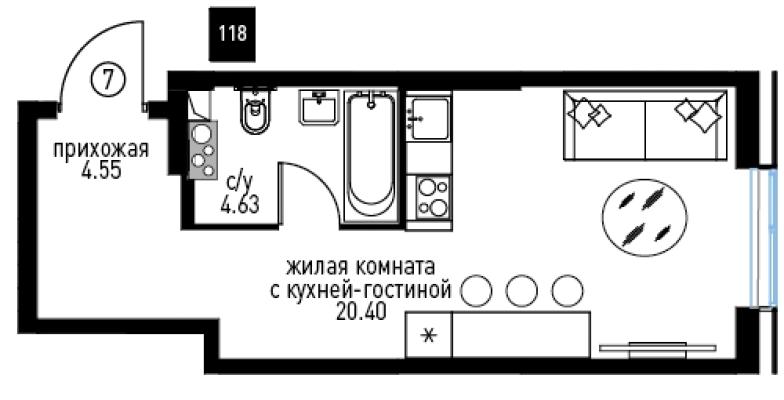 Планировка однокомнатной квартиры в ЖК "Инноватор"