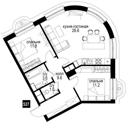 Планировка трехкомнатной квартиры в ЖК "Интеллигент"
